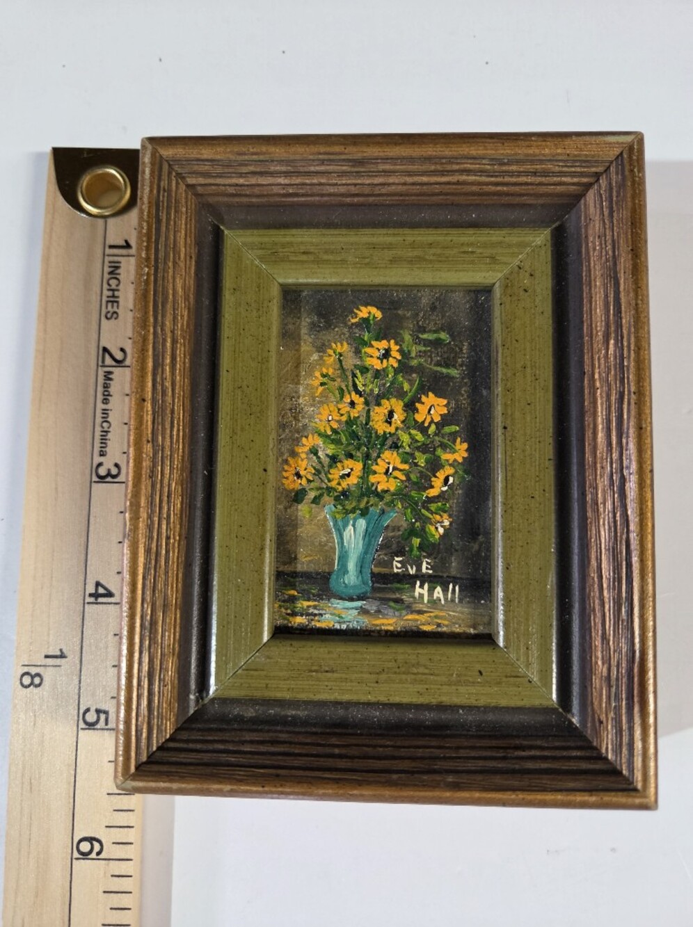 Vintage Mini Framed Floral Painting - Yellow Flowers in Teal Vase - Picture 3 of 6